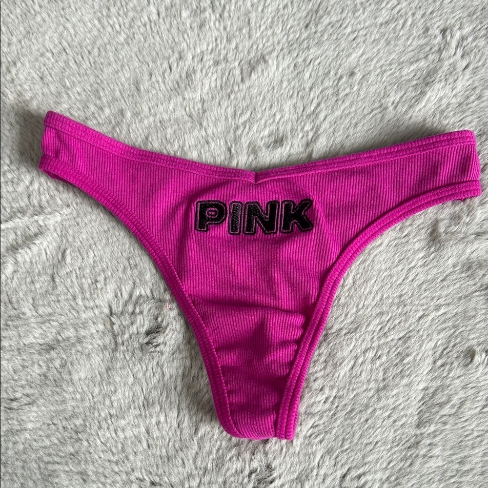 PINK Victoria’s Secret Ribbed Logo Embroidered Thong Panty